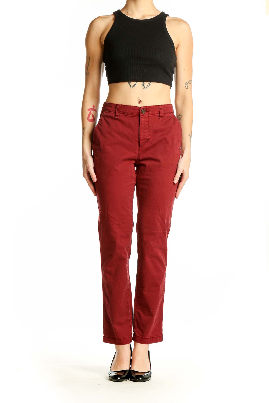 Front view of Gap red straight leg pants on model