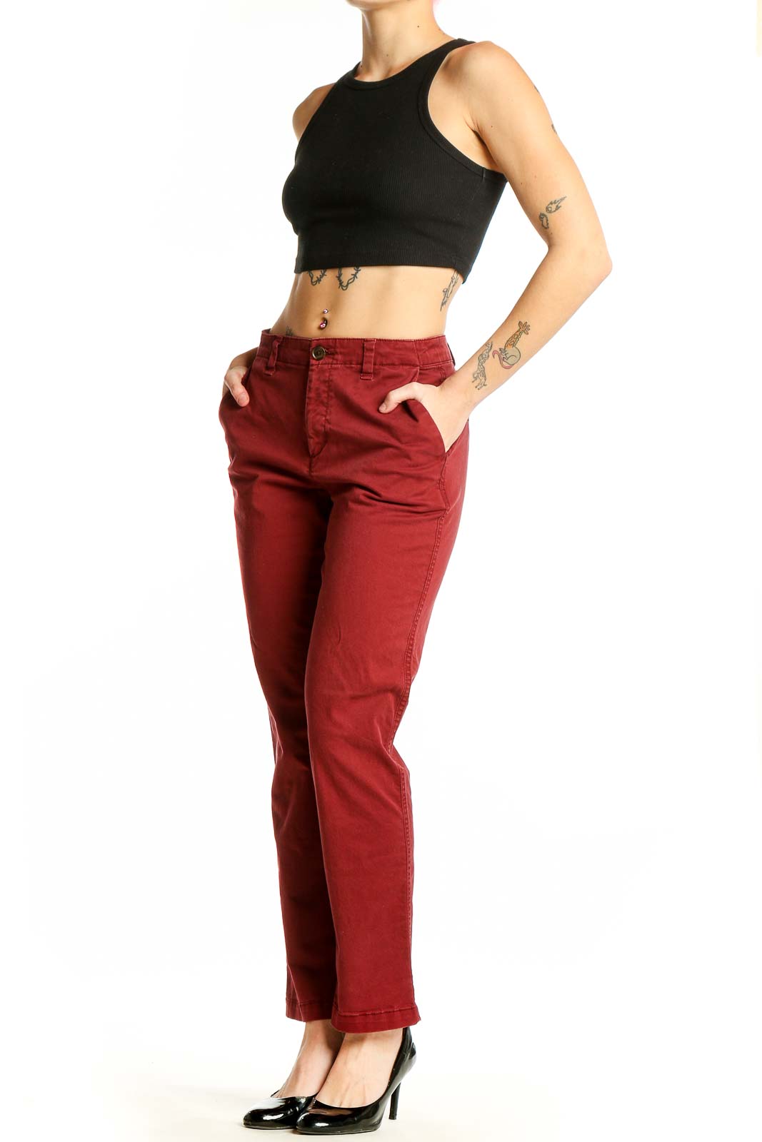 Front view of Gap red straight leg pants on model
