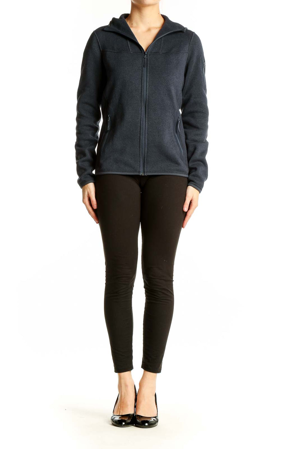 Front view of black Arc'teryx polyester fleece jacket with full-zip closure
