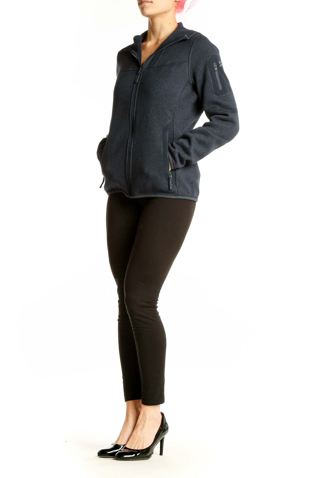 Front view of black Arc'teryx polyester fleece jacket with full-zip closure