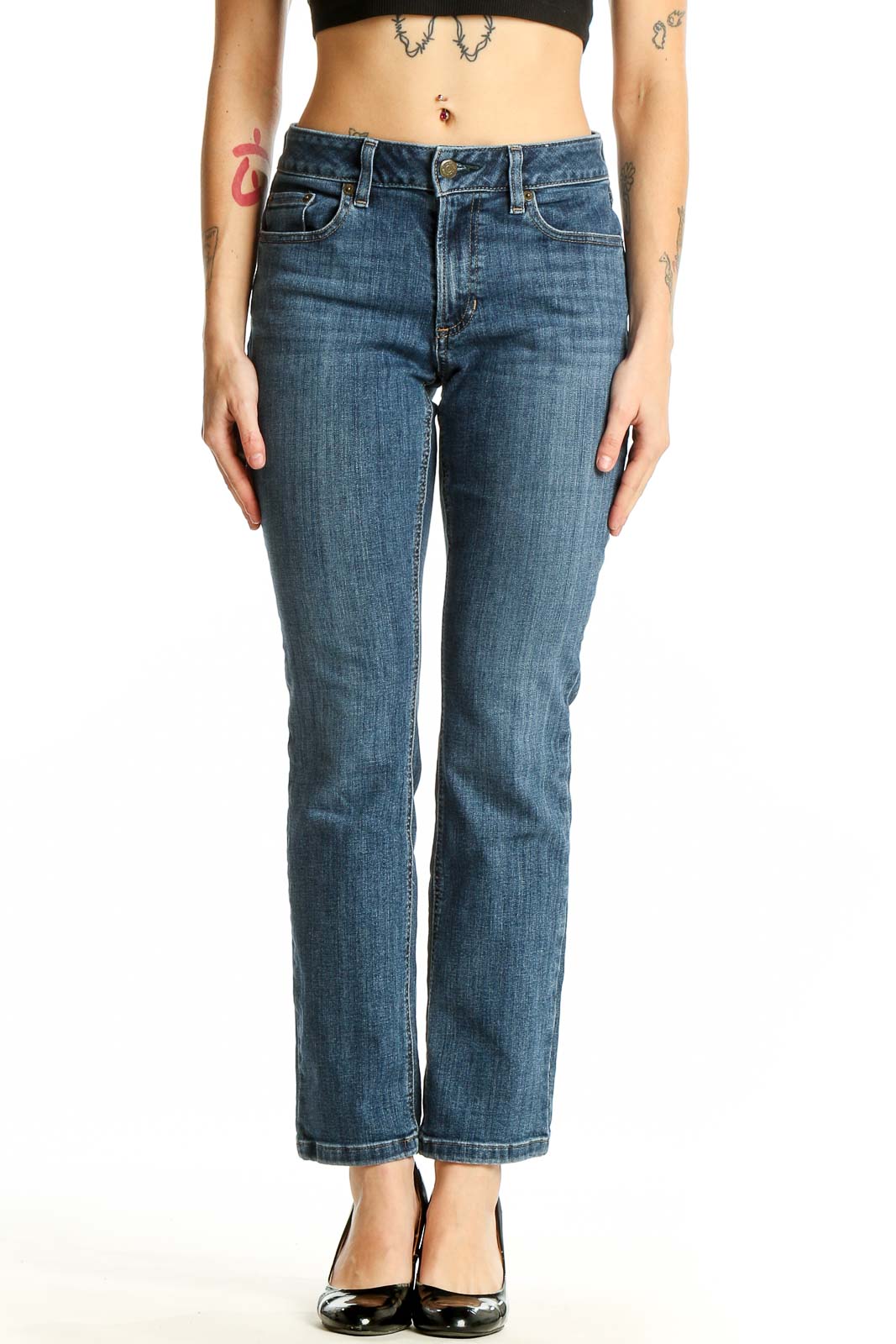 Front view of L.L.Bean straight leg jeans in medium blue wash