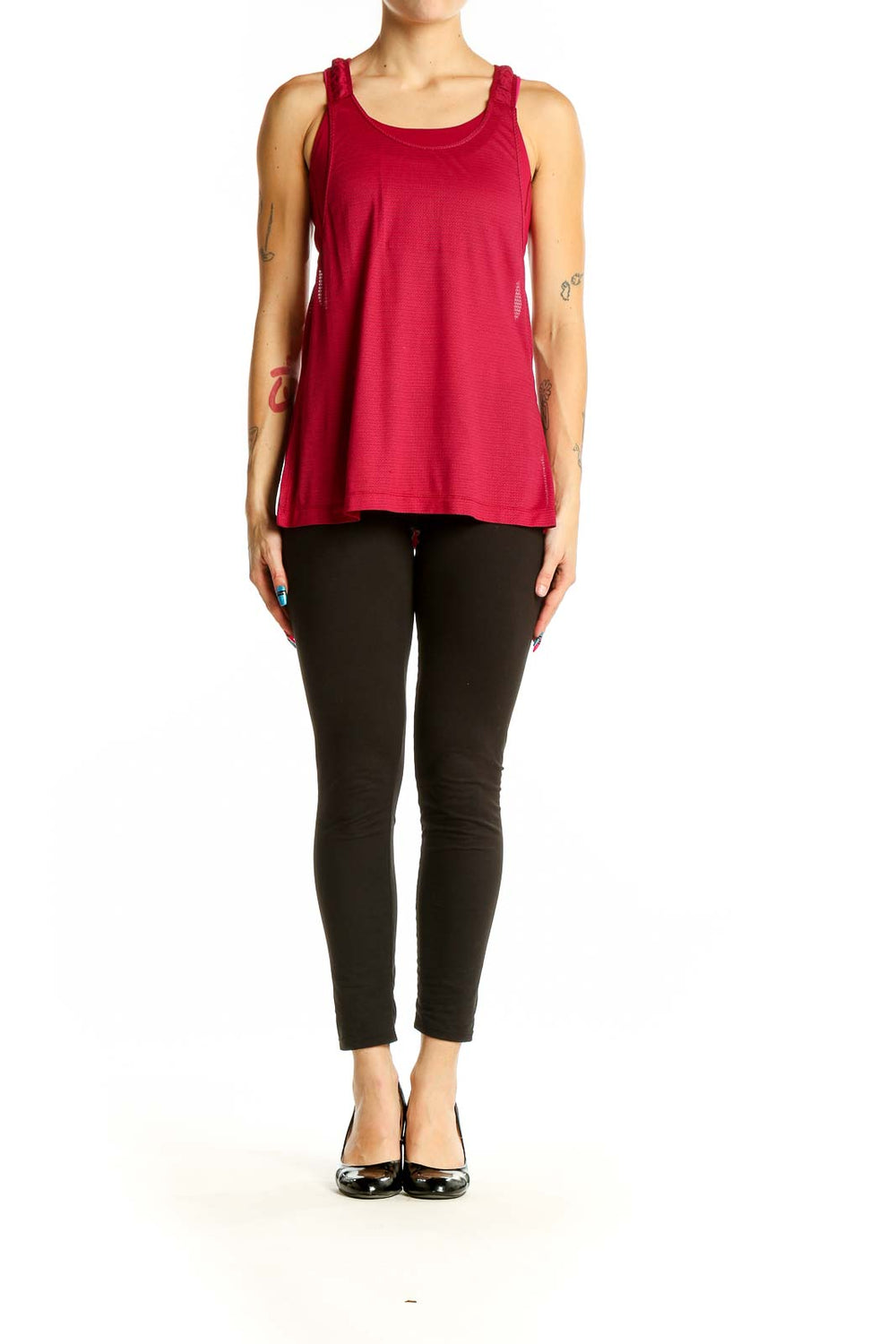 Front view of red Lululemon mesh tank top