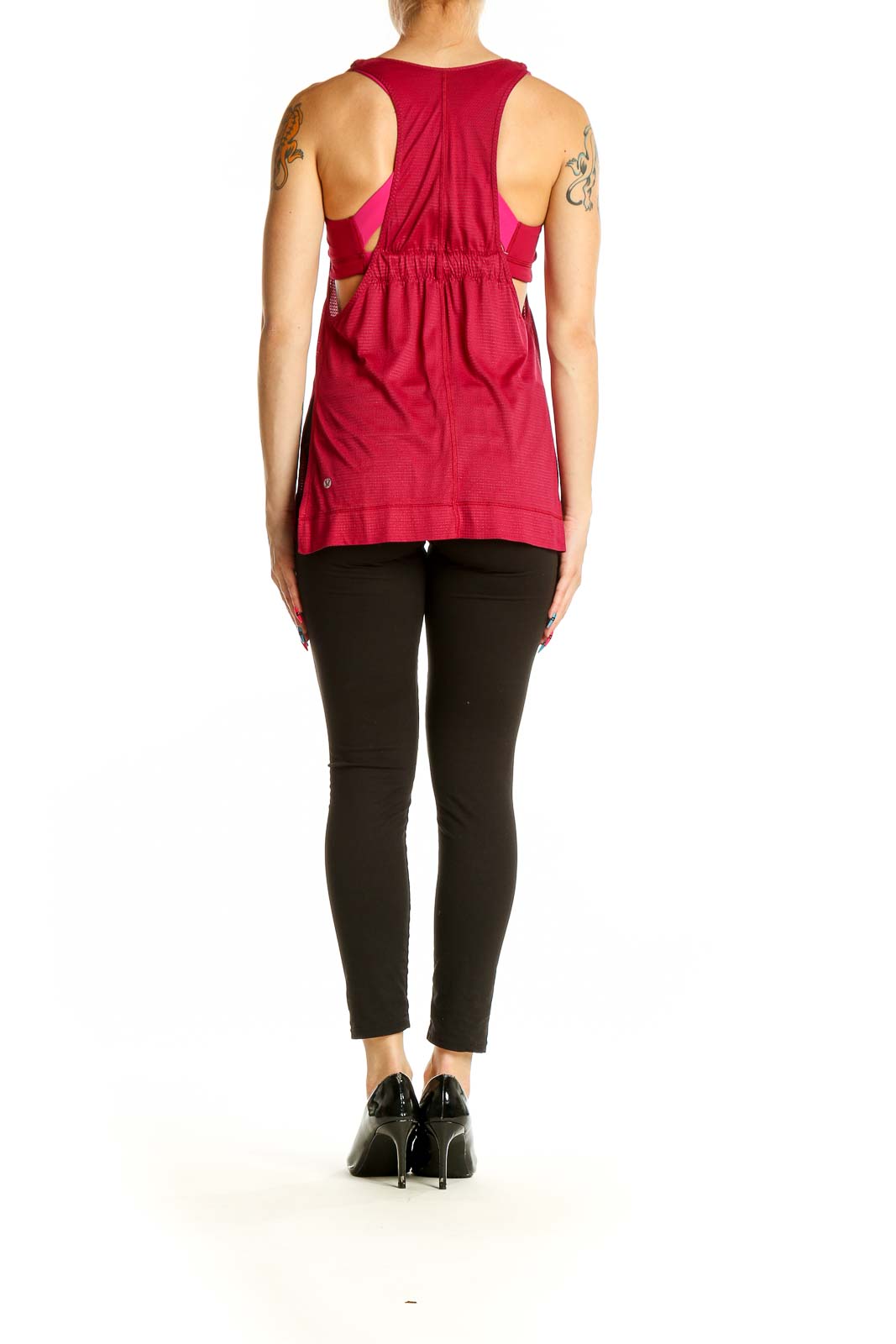 Back view of red Lululemon mesh racerback tank top
