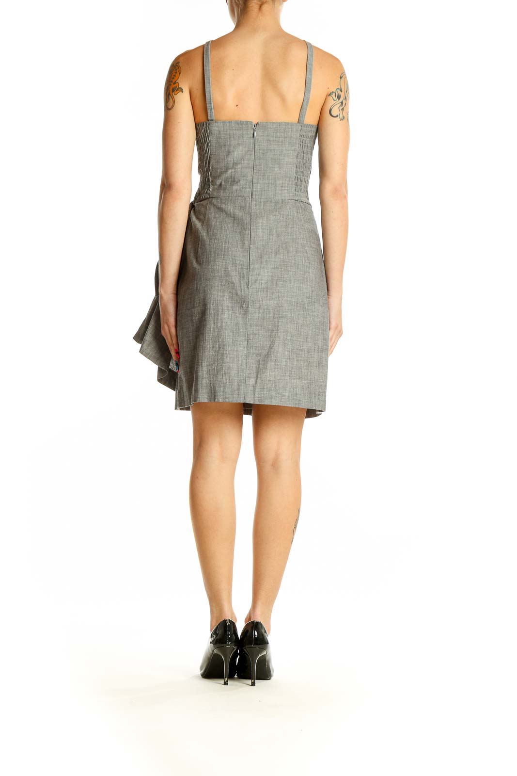 Back view of Jill Stuart gray cotton halter dress showing cross-strap detail