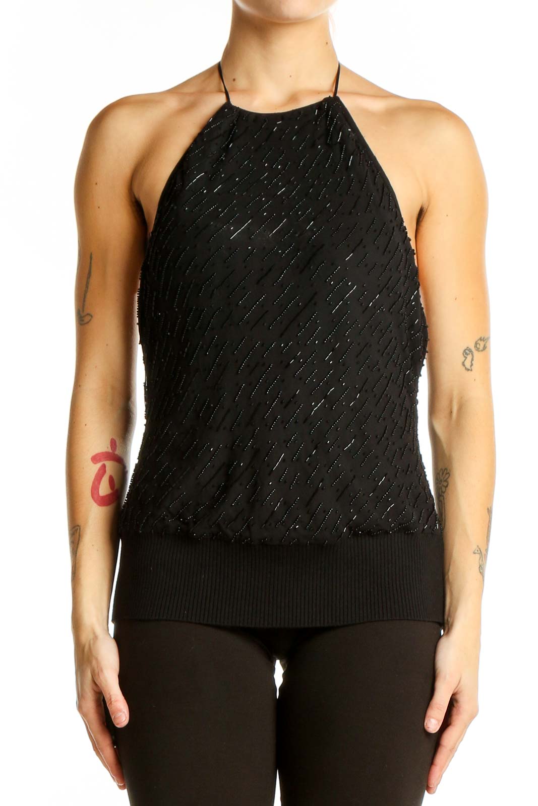 LAUNDRY by SHELLI SEGAL Black Beaded Halter Top - Elegant Evening Wear SilkRoll LAUNDRY by SHELLI SEGAL Black Beaded Halter Top - Elegant Evening Wear SilkRoll