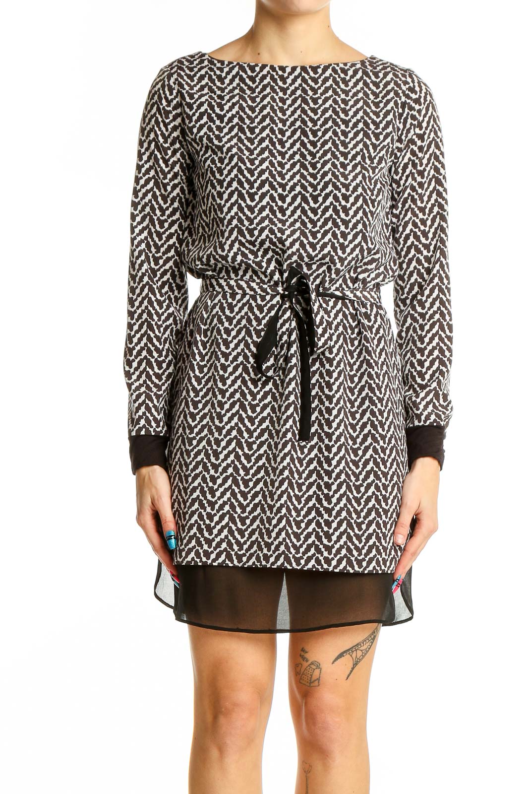 Armani Exchange Black and White Chevron Print Mini Dress with Tie Waist   SilkRoll