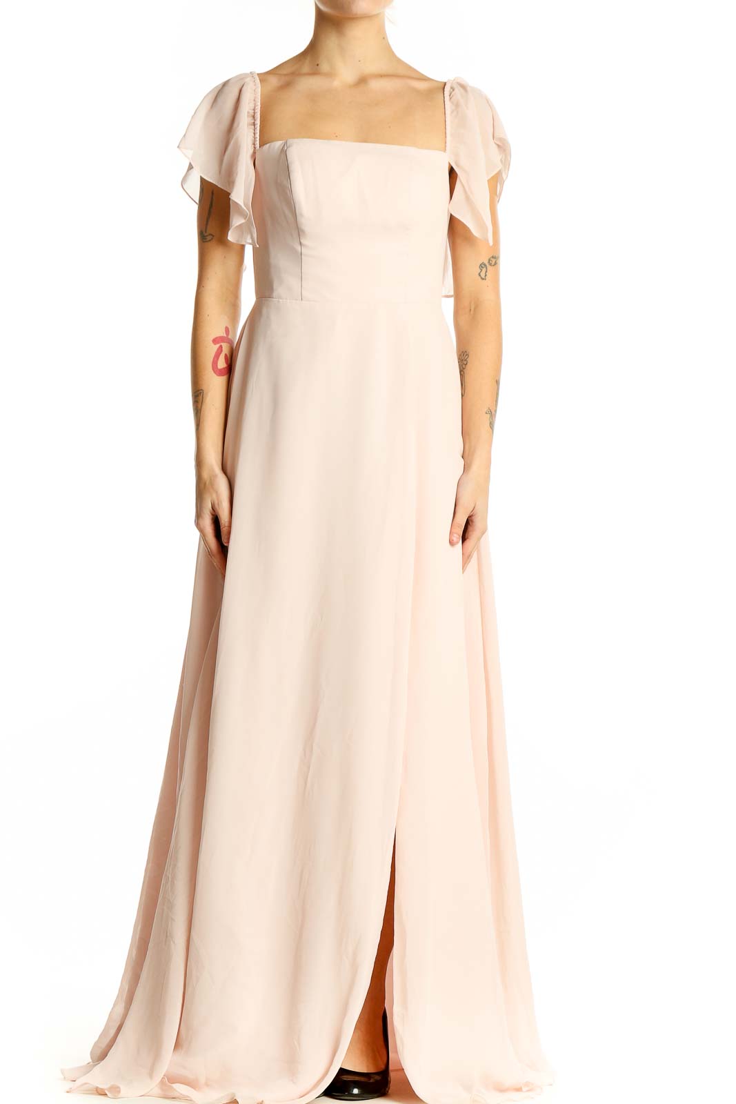 AZAZIE Blush Chiffon Maxi Dress with Flutter Sleeves - Formal Elegance SilkRoll AZAZIE Blush Chiffon Maxi Dress with Flutter Sleeves - Formal Elegance SilkRoll