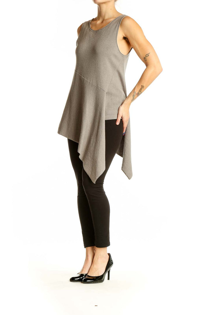 Front view of BROCHU WALKER taupe sleeveless tunic top with asymmetrical hemline