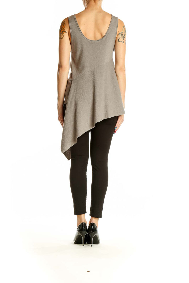 Side view of BROCHU WALKER taupe sleeveless tunic top showing asymmetrical design