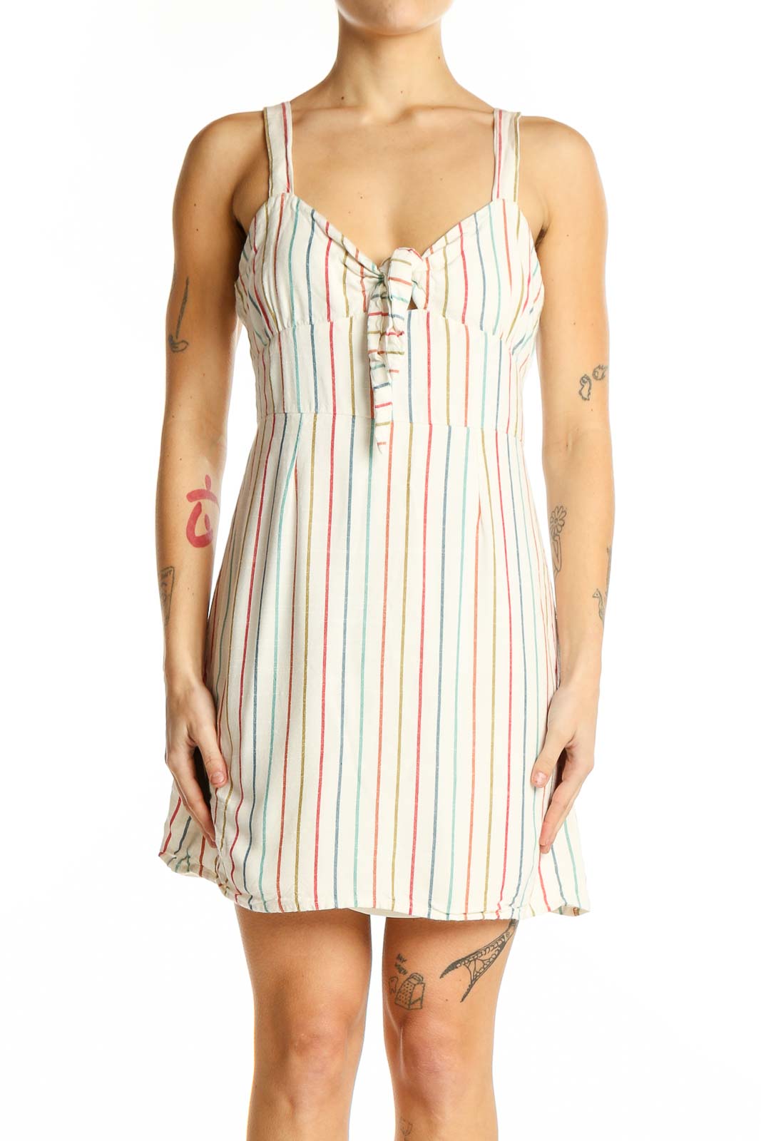 L.A. Hearts White Multicolor Striped Lace-Up Mini Dress | Summer Fashion SilkRoll L.A. Hearts White Multicolor Striped Lace-Up Mini Dress | Summer Fashion SilkRoll