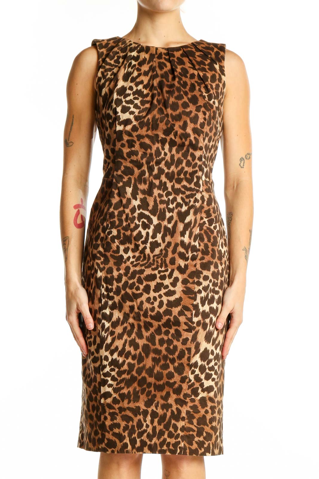 white christmas dresses Michael Kors Brown Leopard Print Sleeveless Sheath Dress – SilkRoll