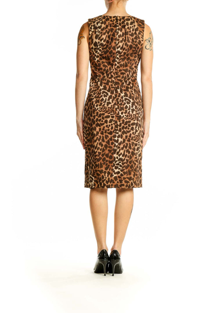 Side view of Michael Kors brown leopard print sleeveless sheath dress