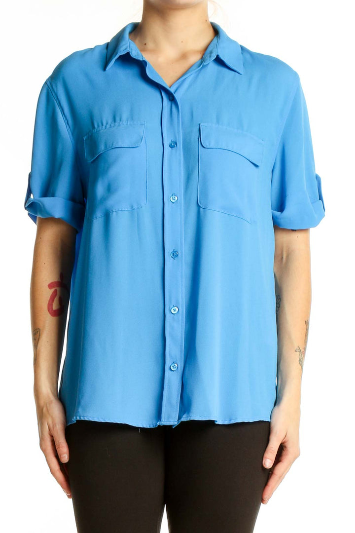 Front view of Banana Republic blue polyester button-down shirt