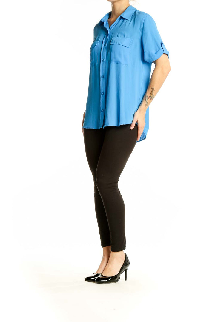 Front view of Banana Republic blue polyester button-down shirt