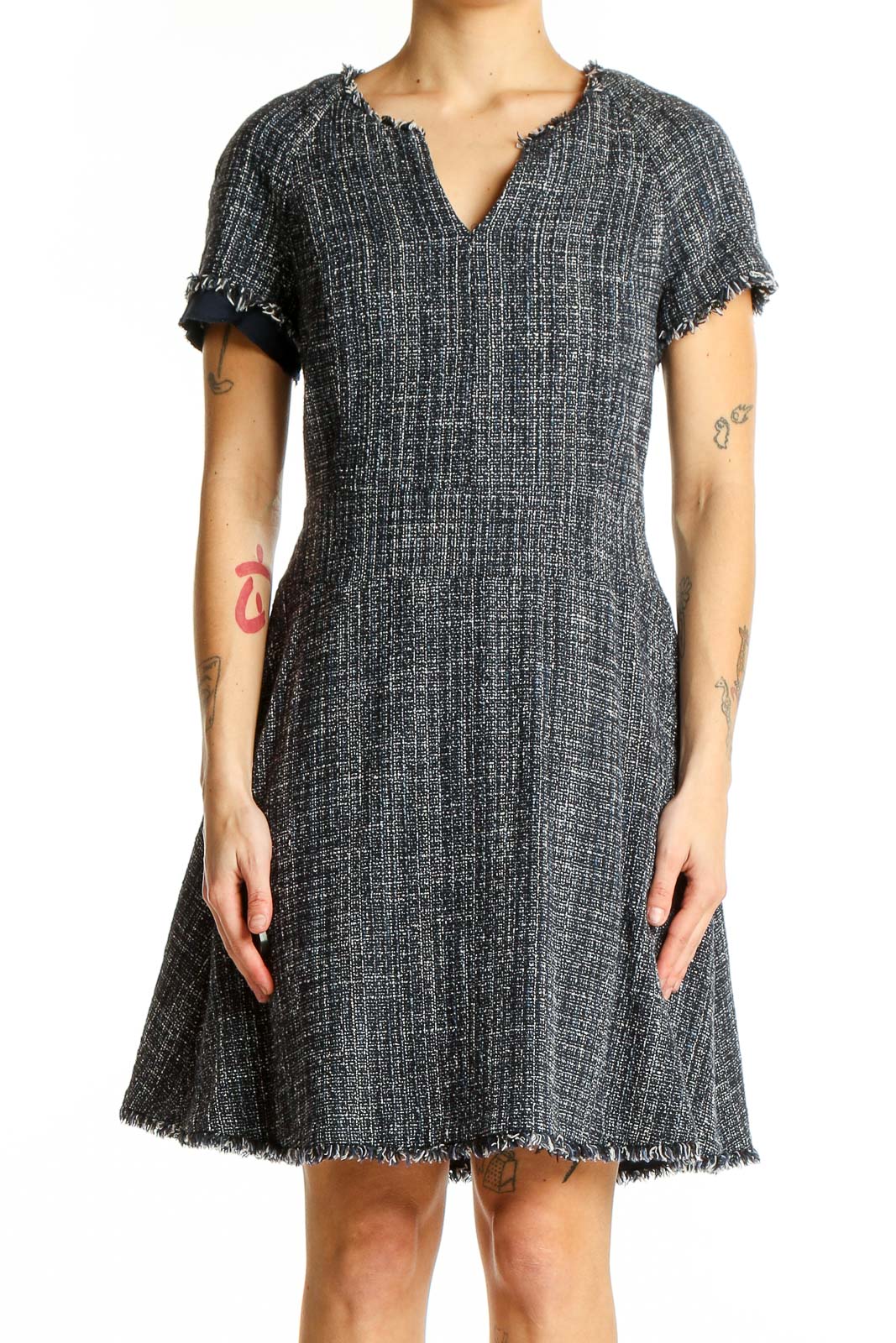 Front view of Banana Republic gray tweed A-line dress with V-neck and short sleeves