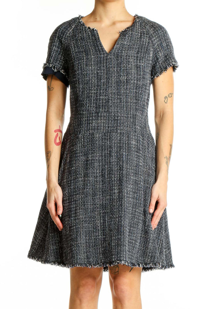 Front view of Banana Republic gray tweed A-line dress with V-neck and short sleeves