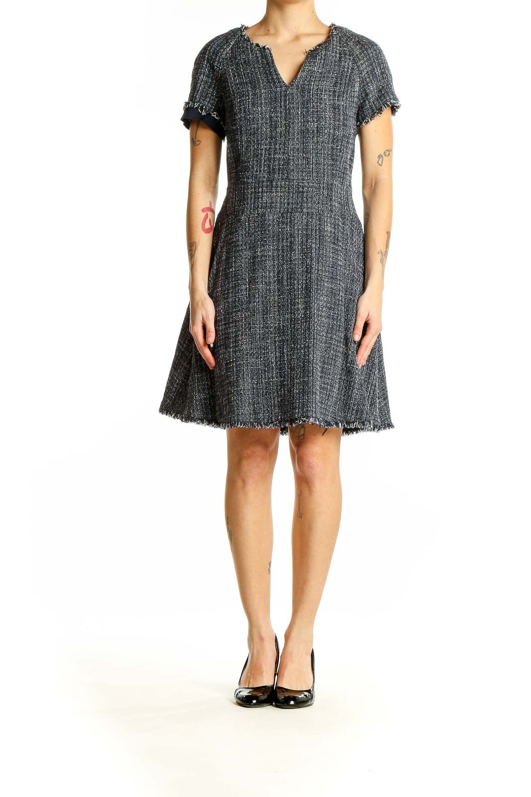 Front view of Banana Republic gray tweed A-line dress with V-neck and short sleeves