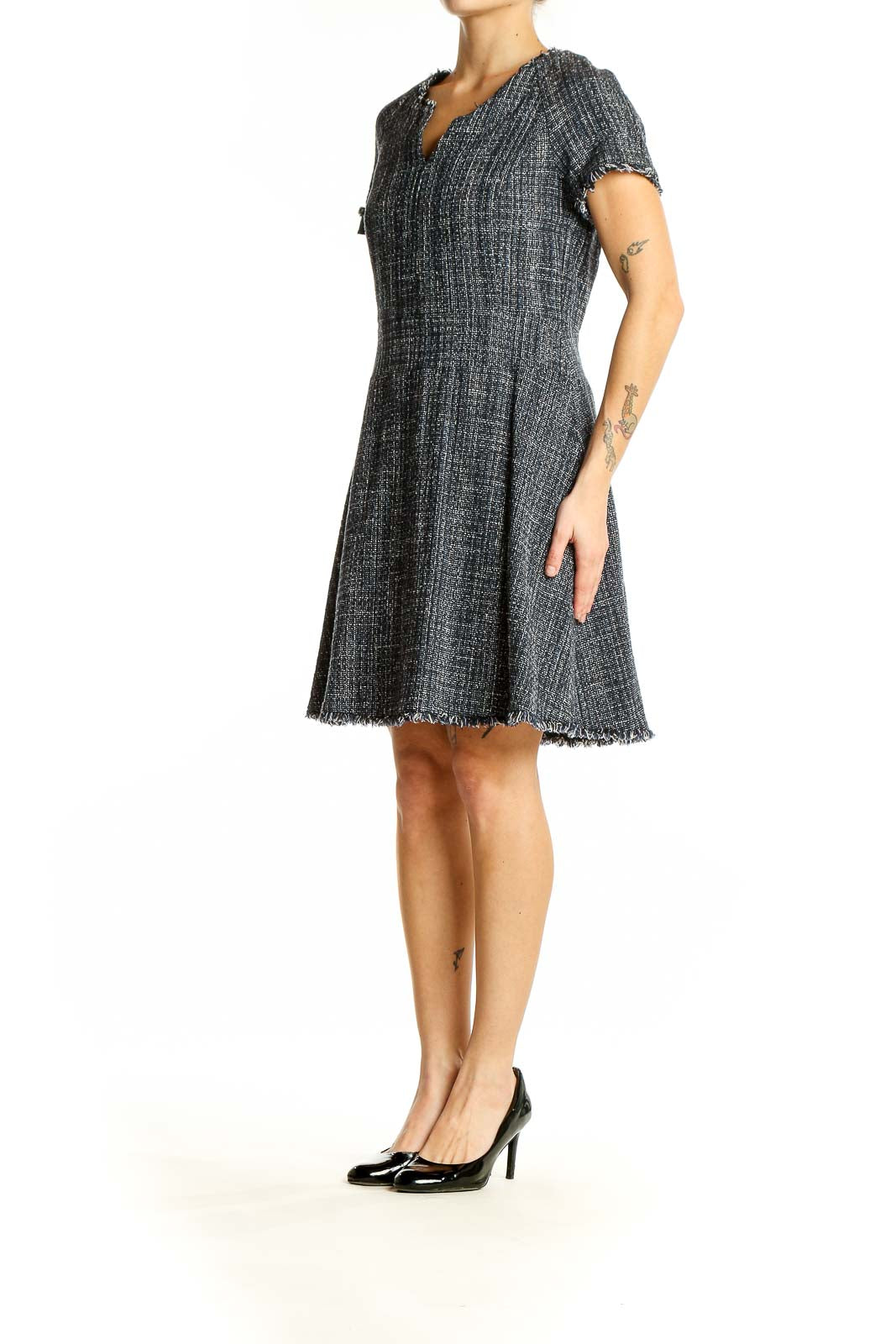 Front view of Banana Republic gray tweed A-line dress with V-neck and short sleeves