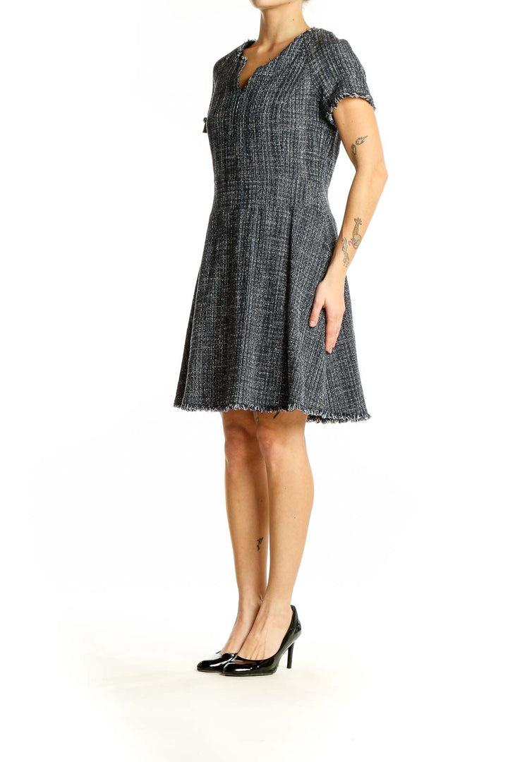Front view of Banana Republic gray tweed A-line dress with V-neck and short sleeves
