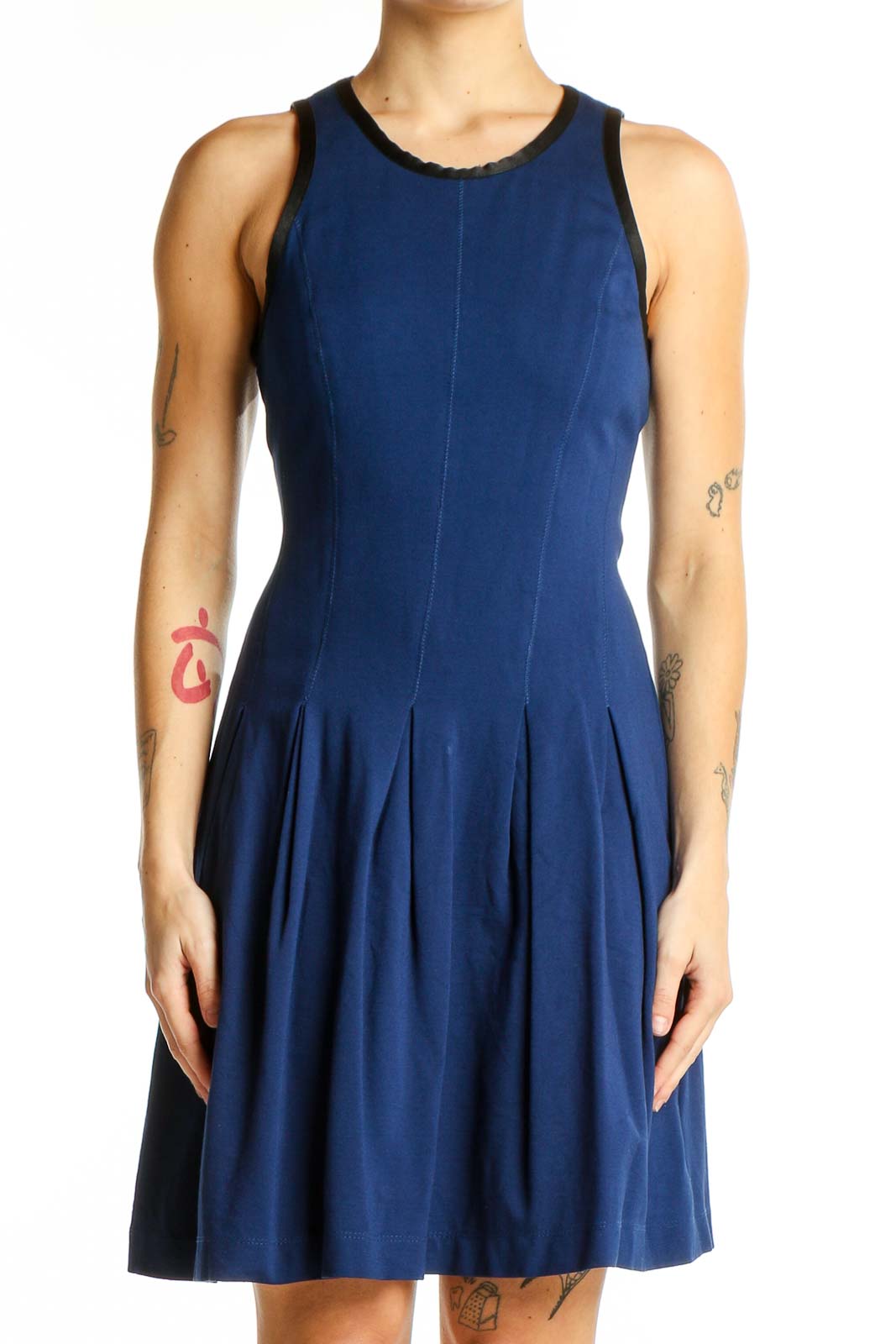 Front view of Banana Republic navy fit-and-flare sleeveless dress with pleated skirt