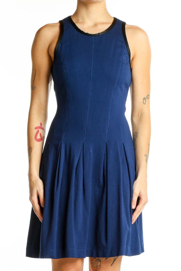 Front view of Banana Republic navy fit-and-flare sleeveless dress with pleated skirt
