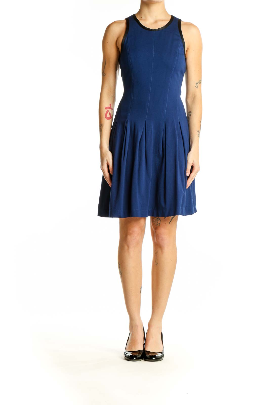 Front view of Banana Republic navy fit-and-flare sleeveless dress with pleated skirt
