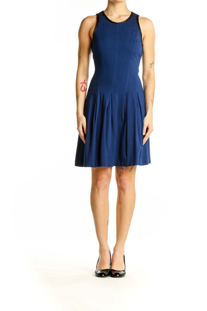 Front view of Banana Republic navy fit-and-flare sleeveless dress with pleated skirt