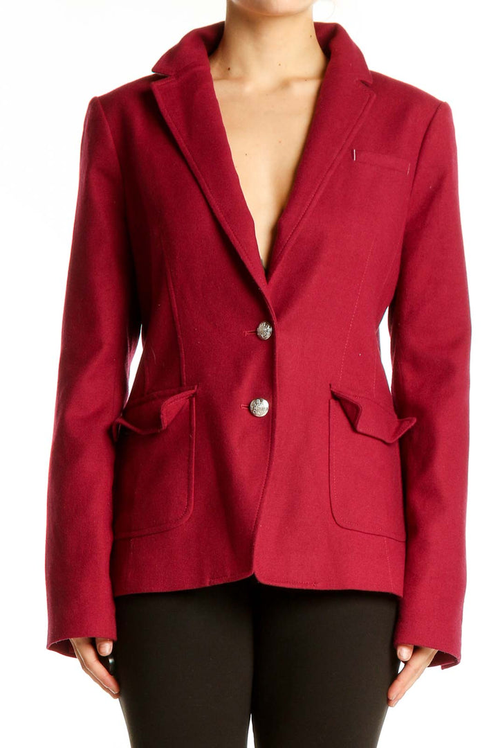Front view of red Banana Republic wool blend blazer with silver buttons