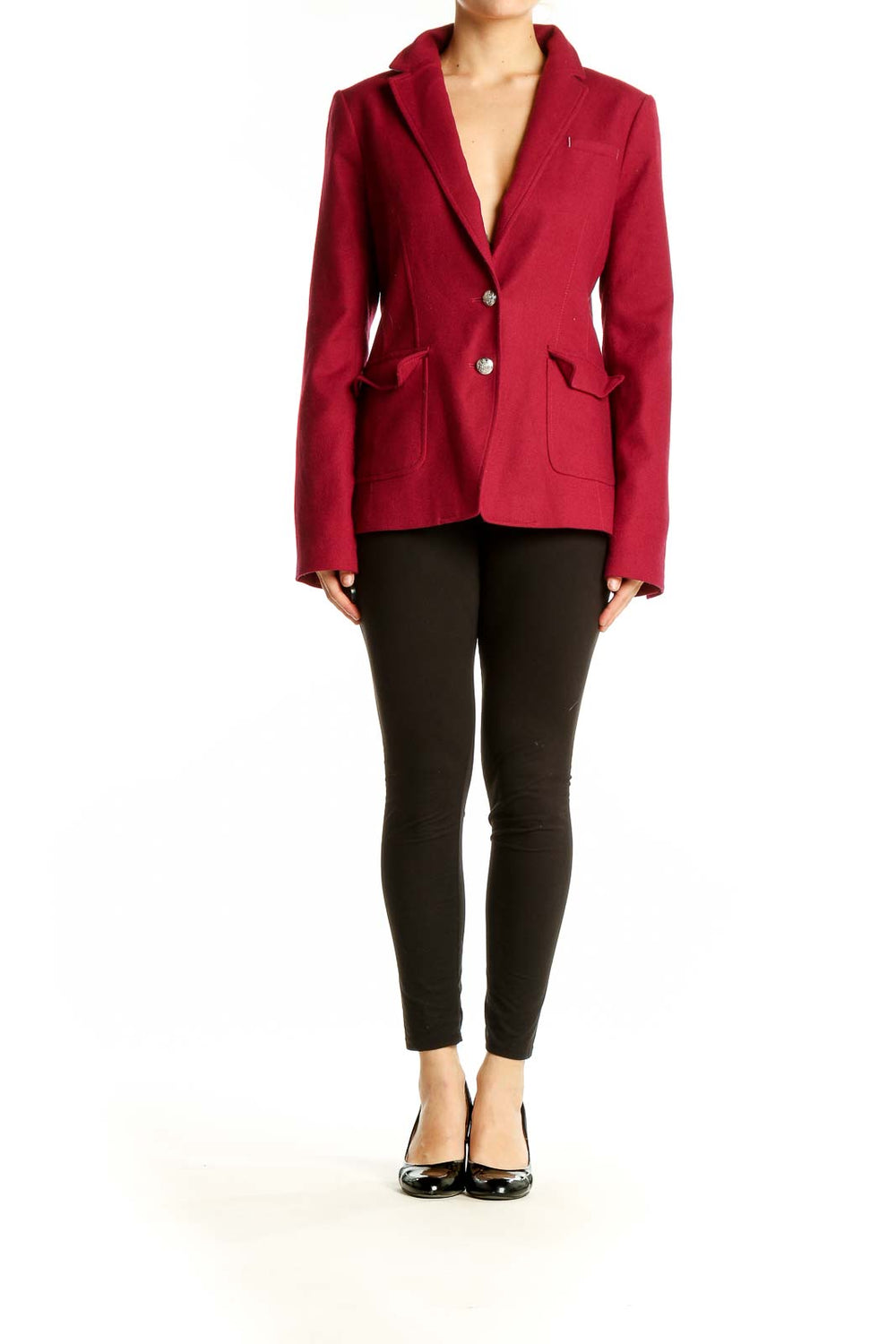 Front view of red Banana Republic wool blend blazer with silver buttons