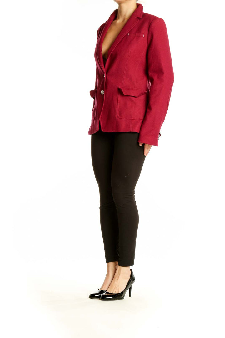Front view of red Banana Republic wool blend blazer with silver buttons