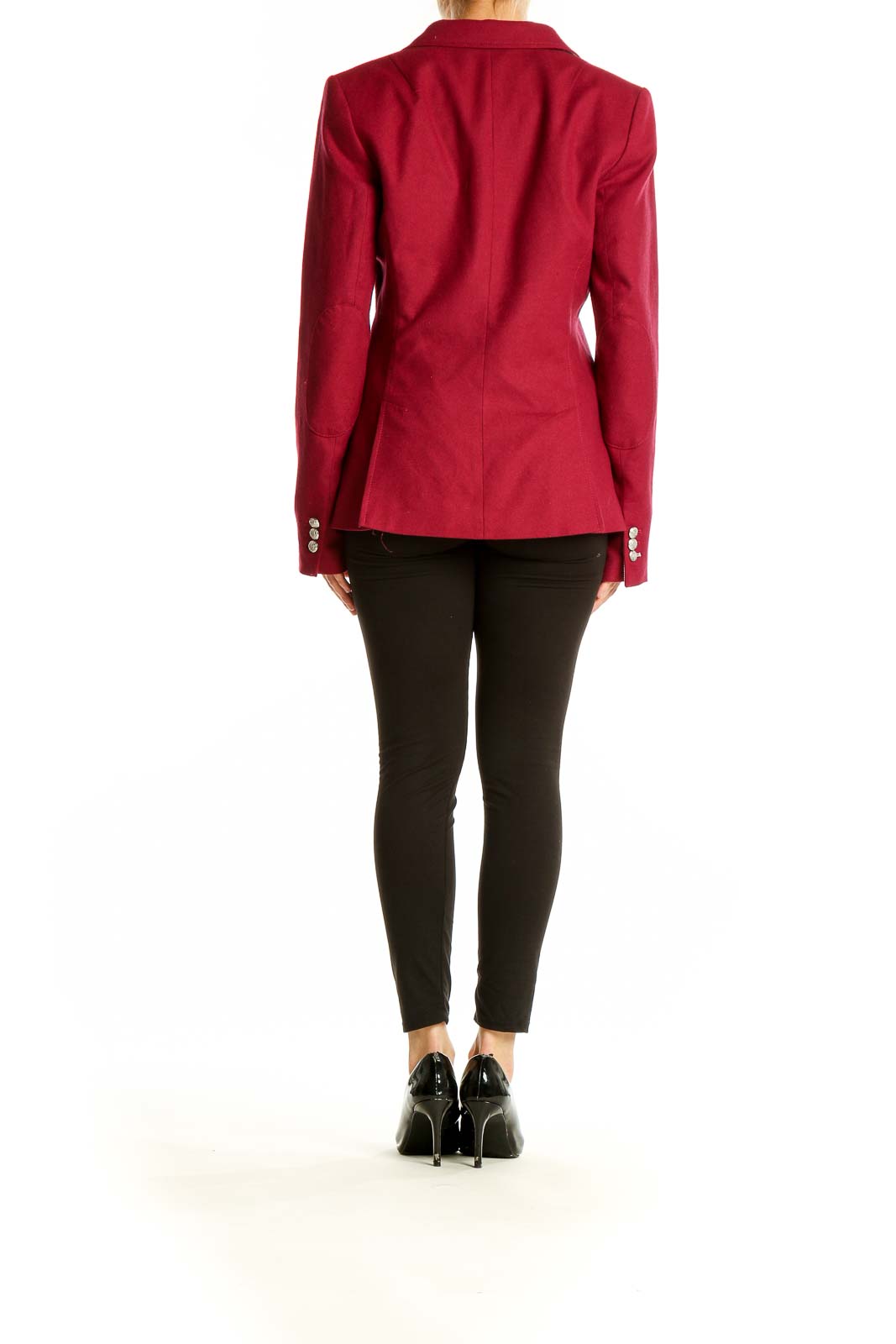 Side view of woman wearing red Banana Republic blazer with black pants
