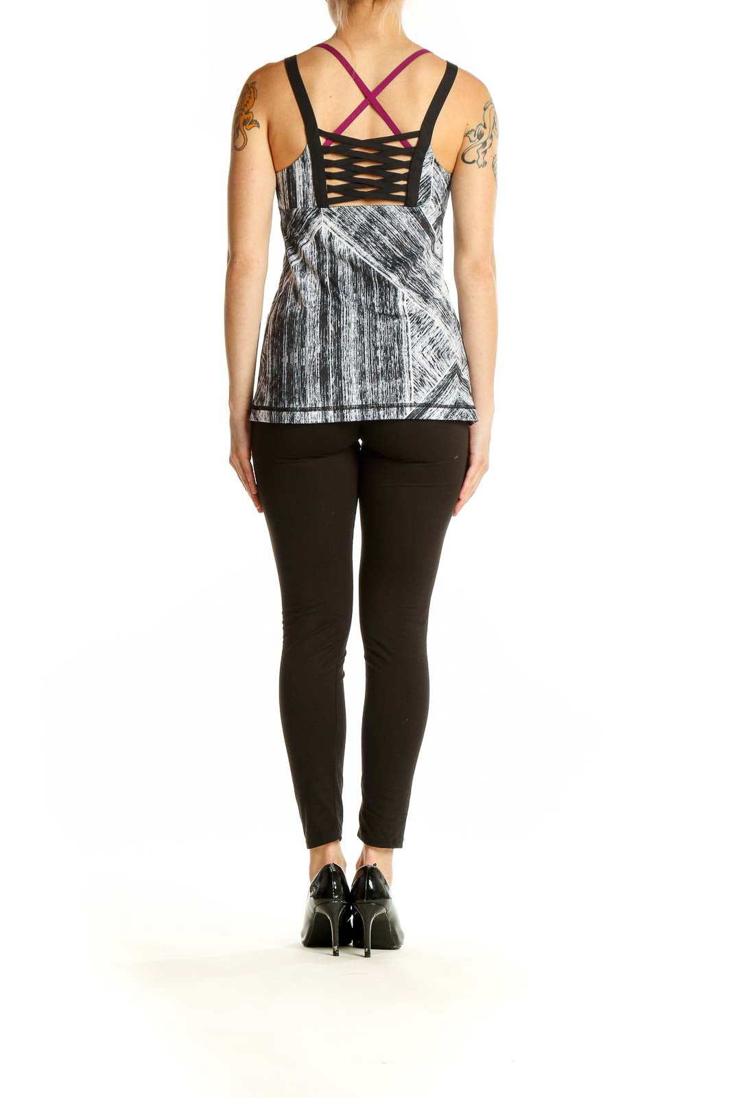 Back view of gray geometric print Lululemon athletic tank top showing fitted silhouette