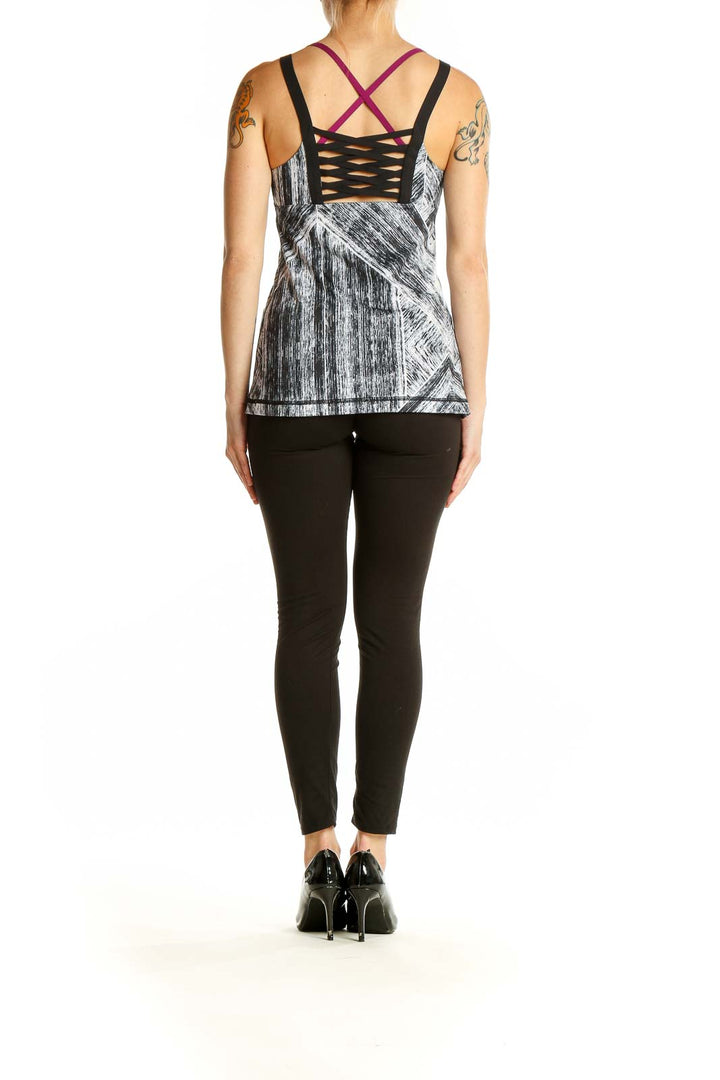 Back view of gray geometric print Lululemon athletic tank top showing fitted silhouette