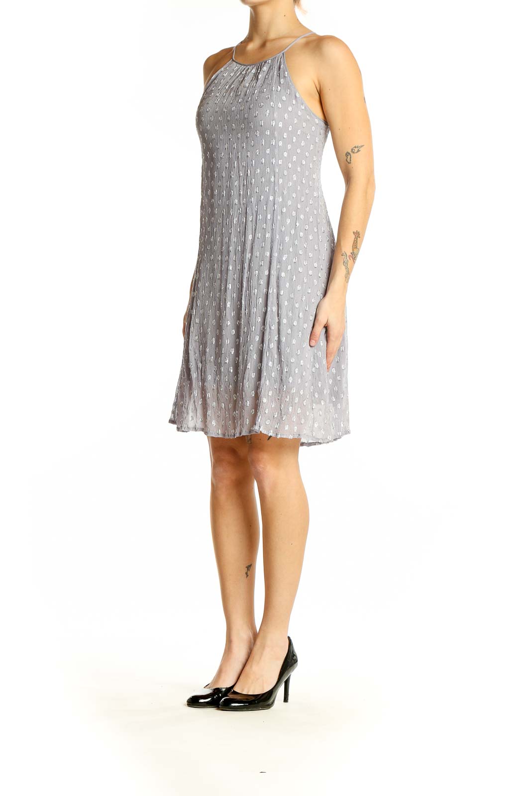 Front view of Ella Moss gray polka dot sleeveless summer dress with halter neckline