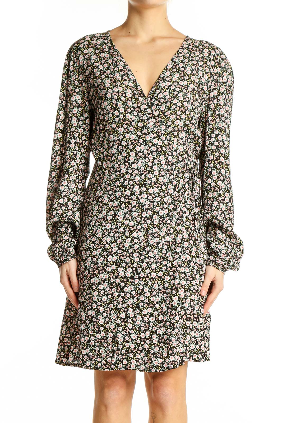 floral black wrap dress Black Floral Satin Wrap Short Dress main image 0