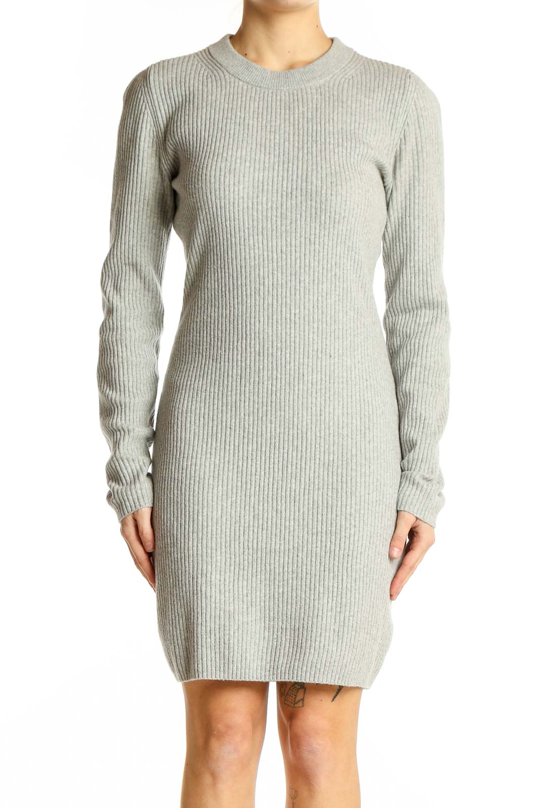 slim fit dress slacks Women's No Better Time Grey Ribbed Knit Sweater Mini Dress | Size: L main image 1