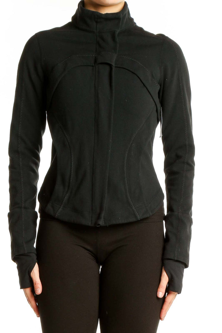 Front view of black Lululemon fitted activewear jacket with high collar