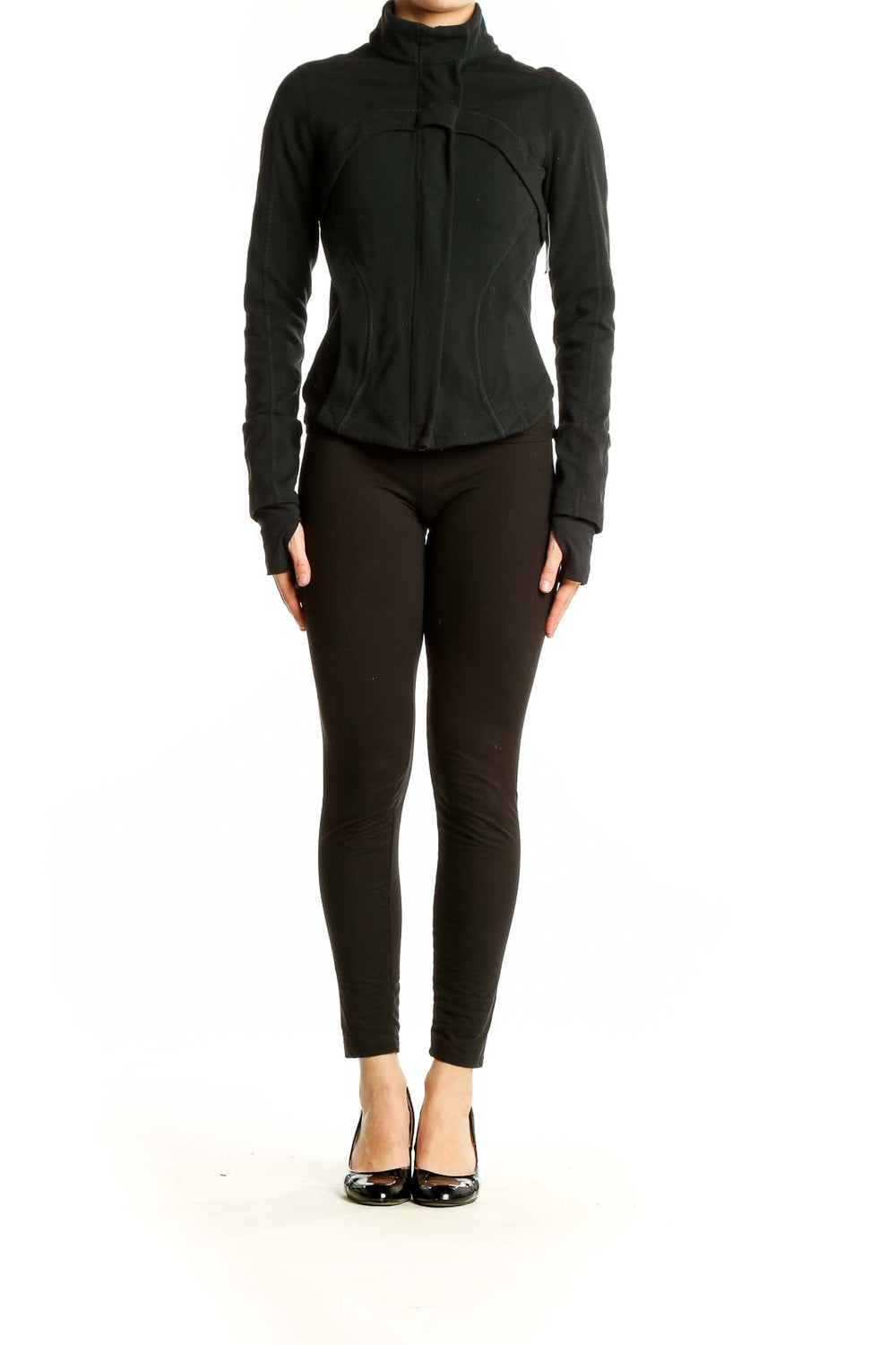 Front view of black Lululemon fitted activewear jacket with high collar