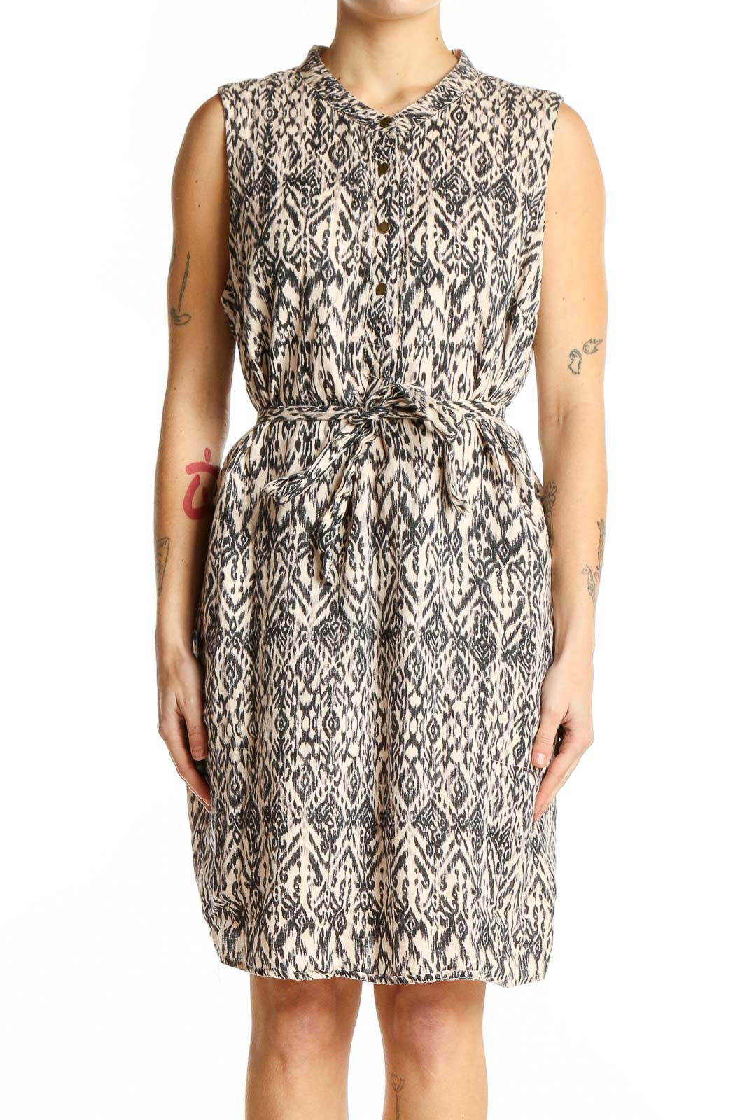 Front view of Cynthia Rowley black and white ikat print linen dress