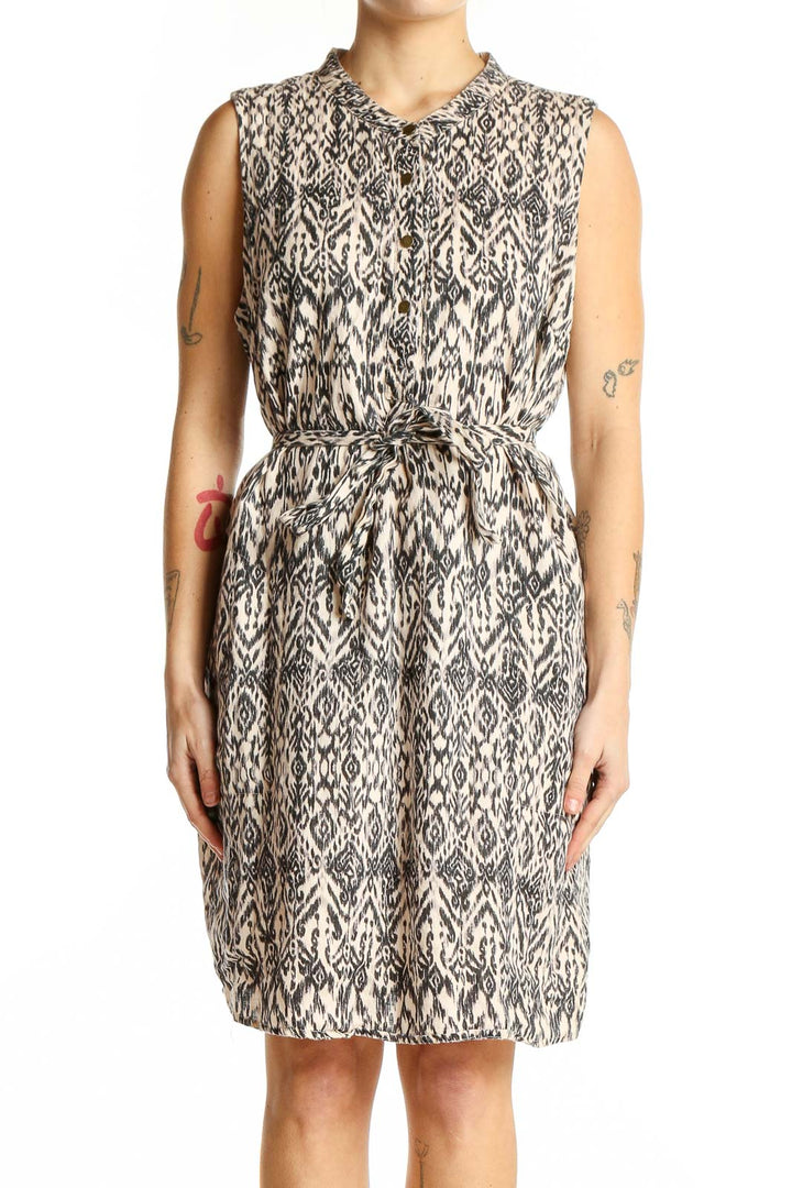 Front view of Cynthia Rowley black and white ikat print linen dress