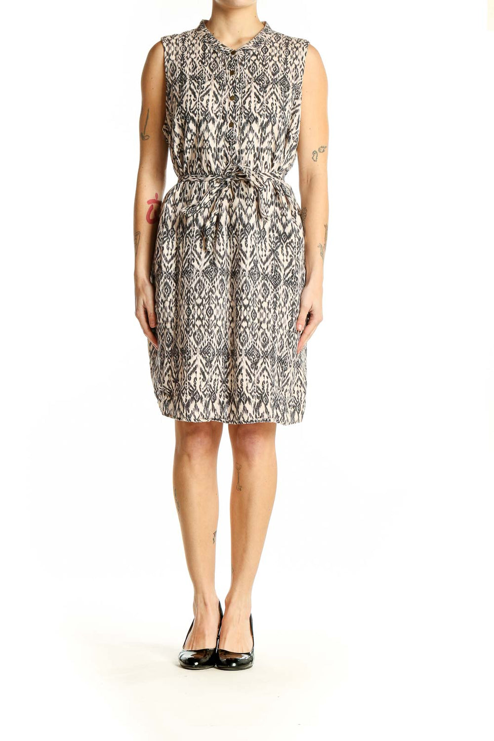 Front view of Cynthia Rowley black and white ikat print linen dress