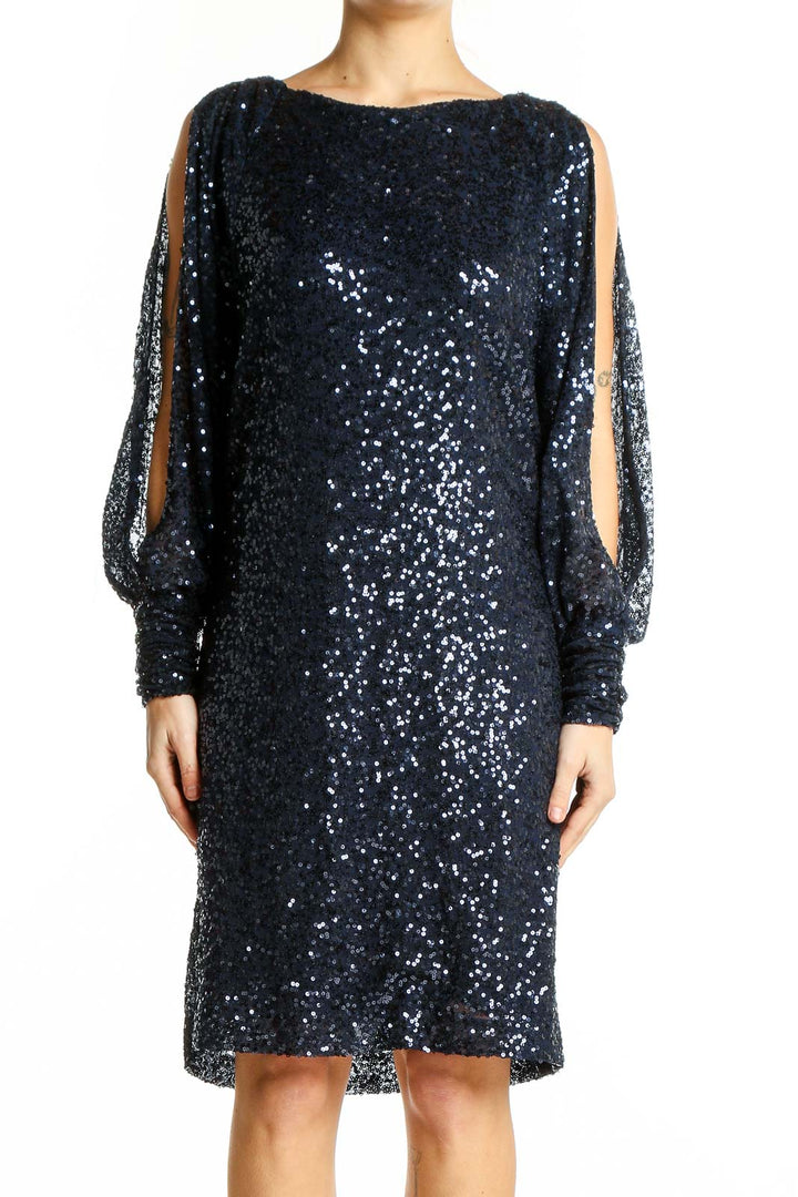 Front view of Lauren Ralph Lauren navy sequin cocktail dress with split sleeves