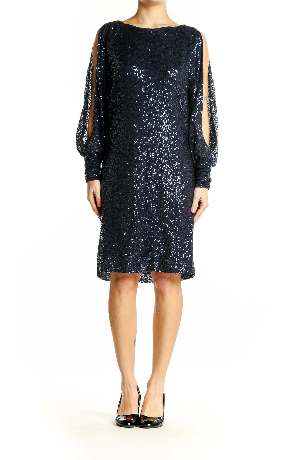 Front view of Lauren Ralph Lauren navy sequin cocktail dress with split sleeves