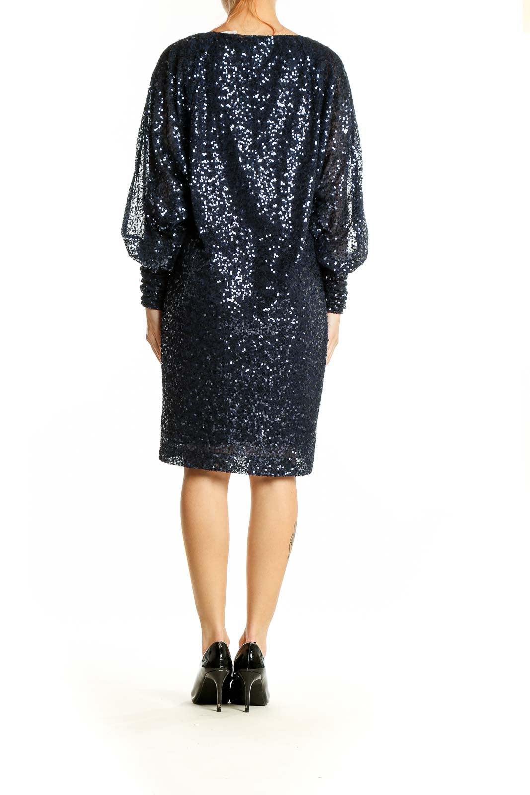 Back view of Lauren Ralph Lauren navy sequin cocktail dress showing split sleeve detail