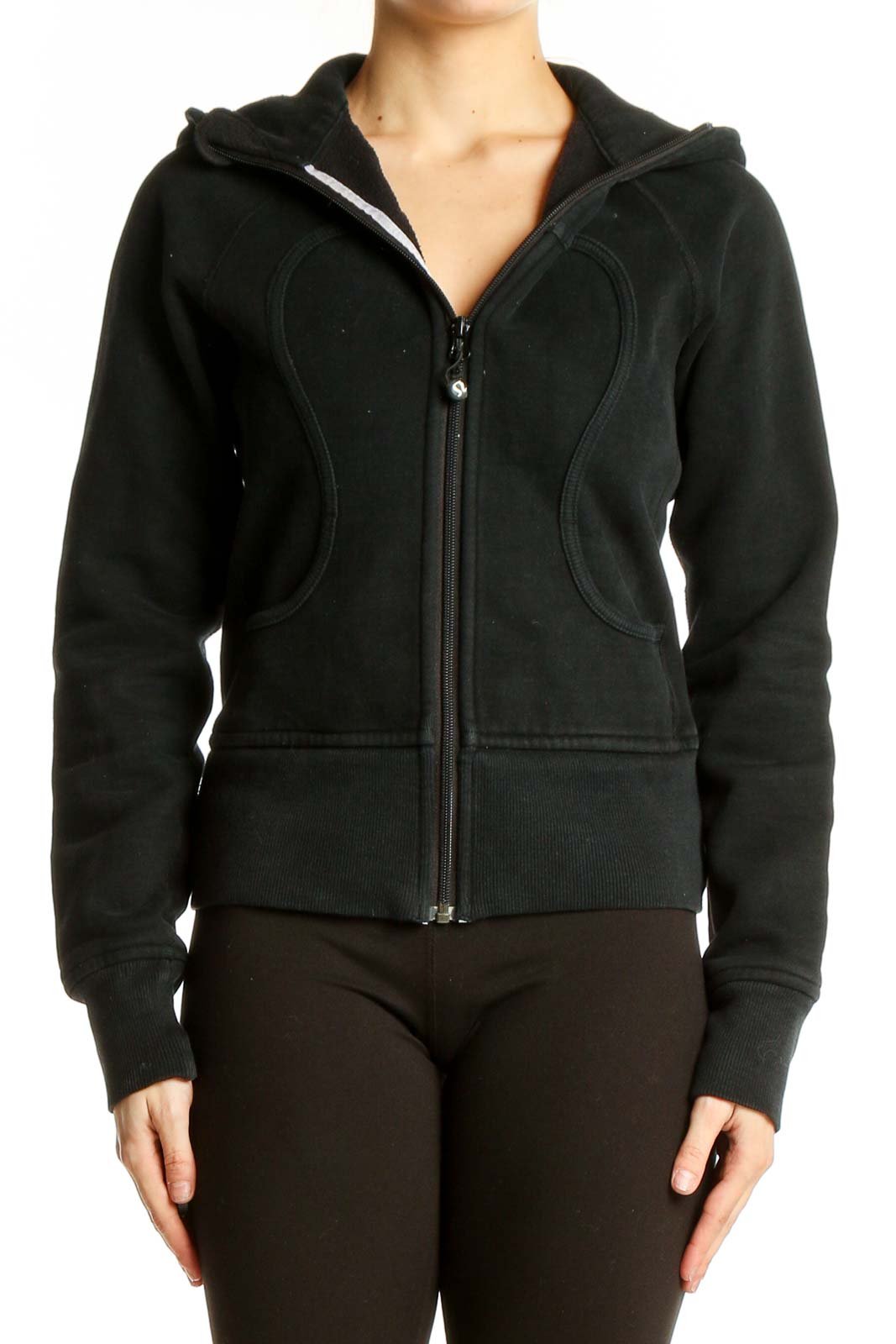 Front view of black Lululemon hooded zip-up athletic jacket
