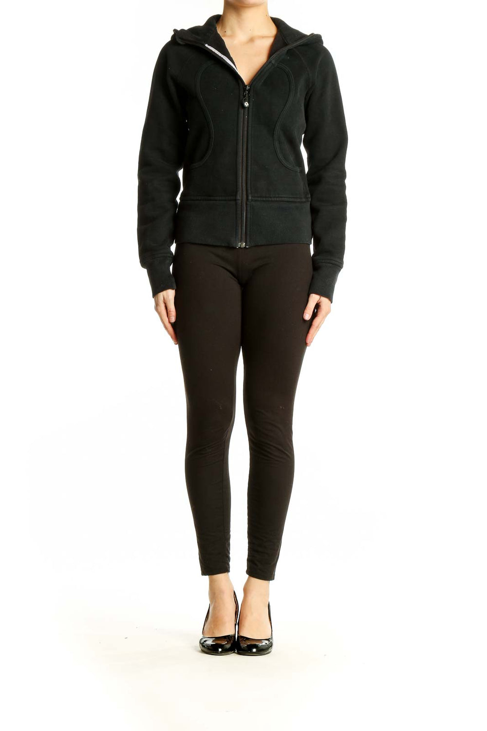 Front view of black Lululemon hooded zip-up athletic jacket