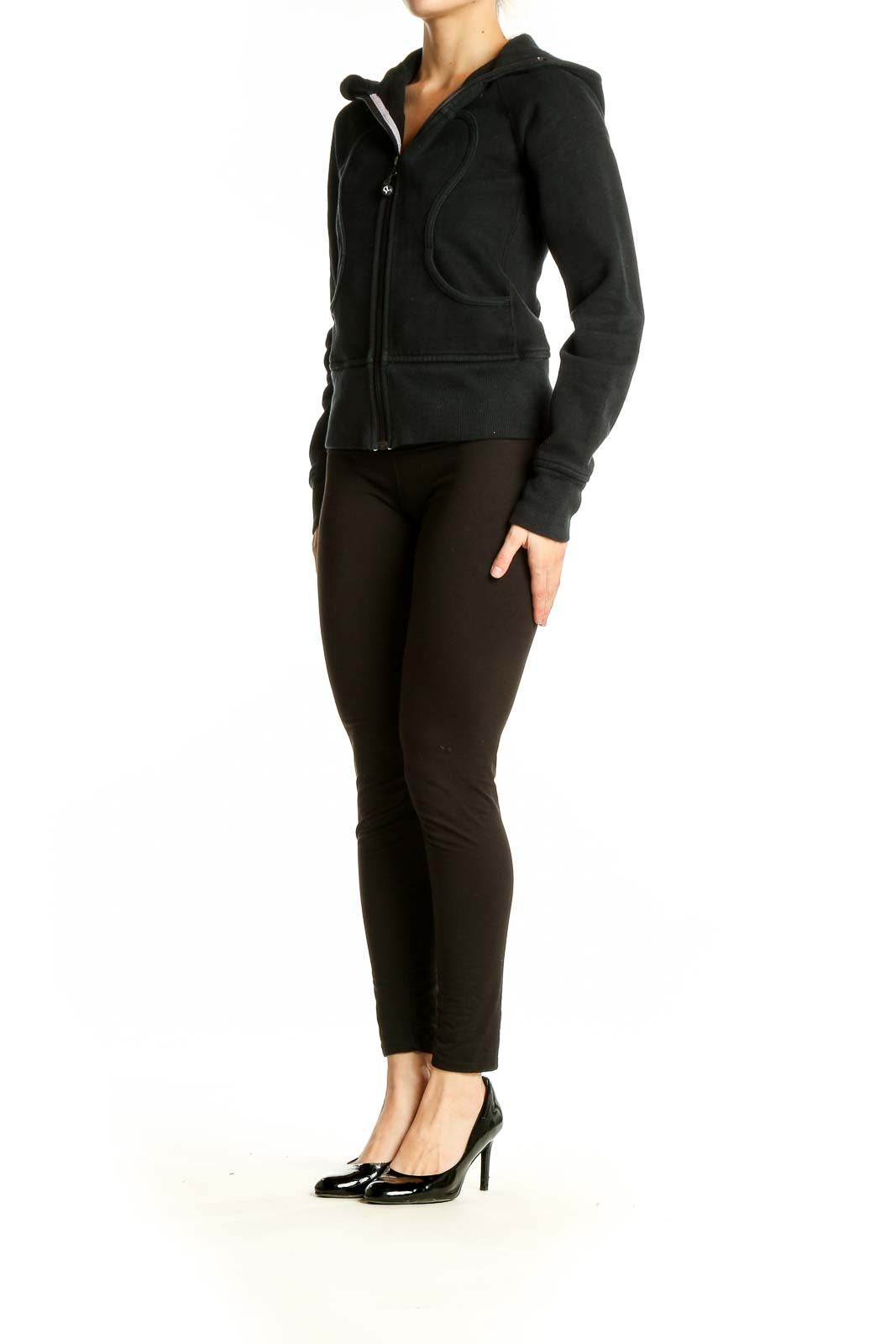 Front view of black Lululemon hooded zip-up athletic jacket