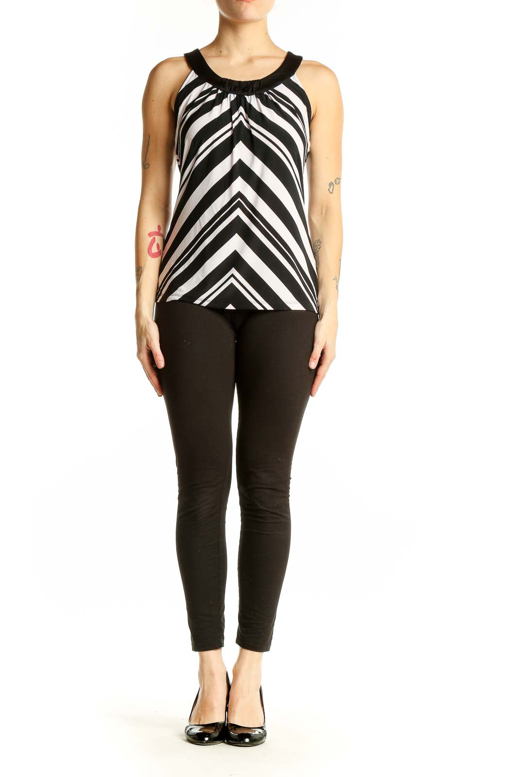 Front view of Black and White Chevron Sleeveless Top from White House Black Market