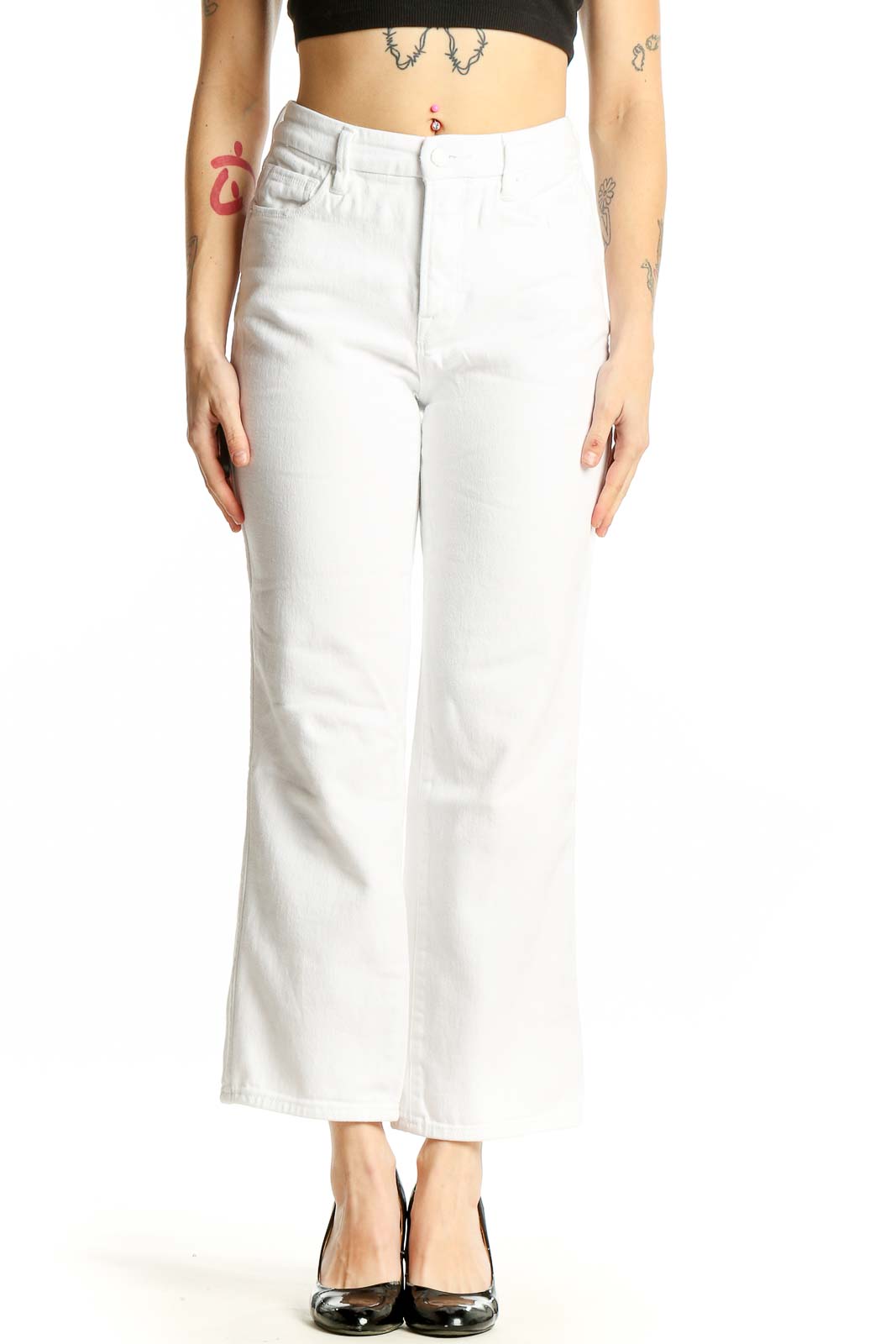 Front view of Good American white straight leg jeans on model