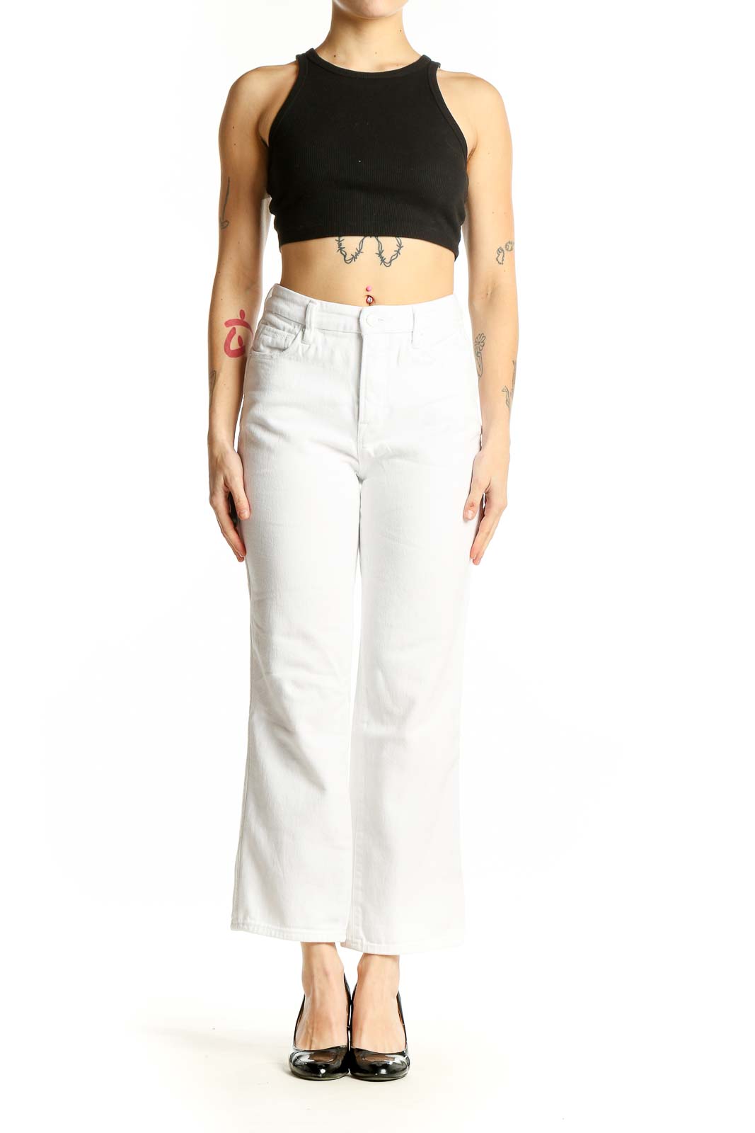 Front view of Good American white straight leg jeans on model
